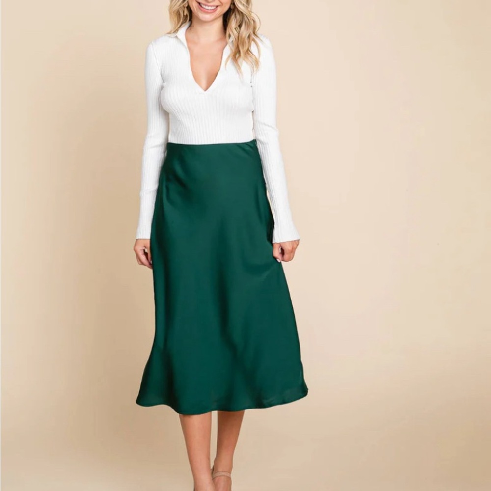 High Waisted Satin Midi Skirt